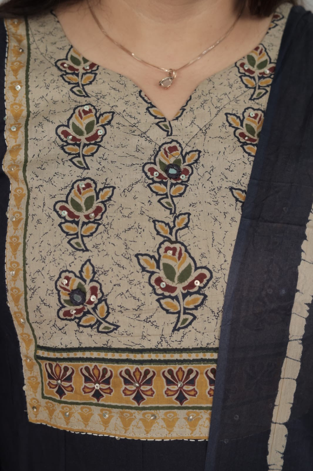 Navy Blue  Cotton Anarkali with Jaipuri Printed Neck & Dupatta