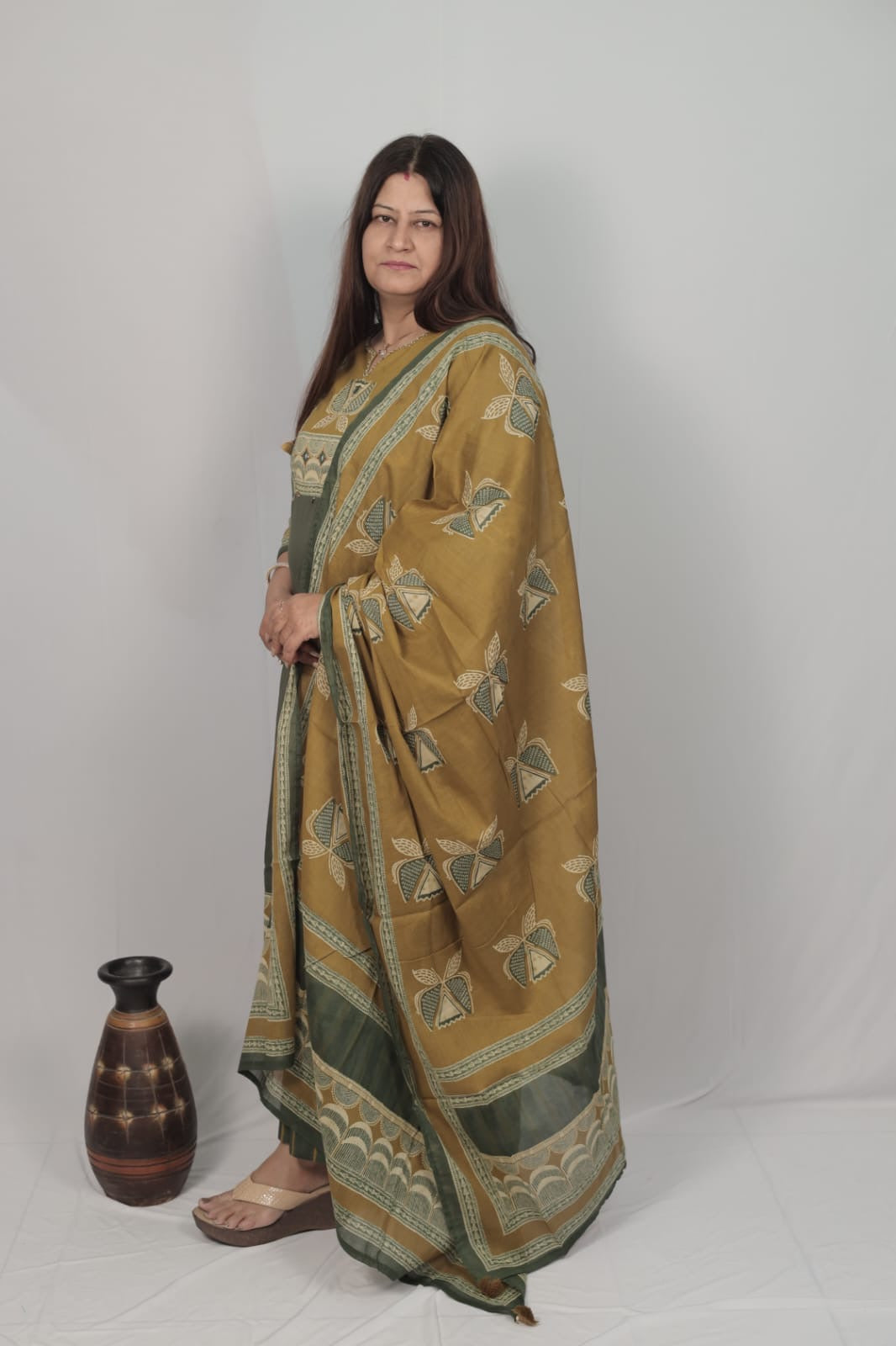 A LINE SIDE CUT PREMIUM COTTON- Mehendi Green