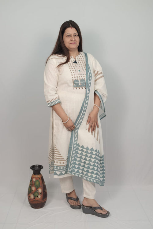 3 Piece- Cotton Flex Katha Suit-Off White